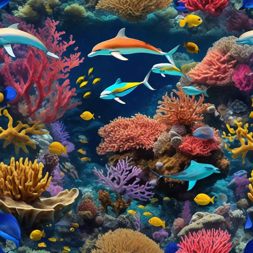  masterpiece, best quality, Most Beautiful in deep sea teeming with vibrant corals, diverse marine life, and enchanting underwater landscapes, full of corals, acrophore, small fishes, anemones, dolphin, various algaes, caves, colorful,all captured in stunning 8k resolution with intricate details.