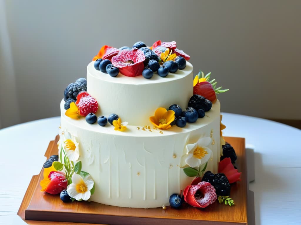  A closeup, ultradetailed image of a beautifully decorated glutenfree cake with intricate piping work, vibrant edible flowers cascading down the tiers, and delicate gold leaf accents catching the light. The cake sits on a rustic wooden table, surrounded by an array of fresh berries and herbs, exuding an air of elegance and sophistication. hyperrealistic, full body, detailed clothing, highly detailed, cinematic lighting, stunningly beautiful, intricate, sharp focus, f/1. 8, 85mm, (centered image composition), (professionally color graded), ((bright soft diffused light)), volumetric fog, trending on instagram, trending on tumblr, HDR 4K, 8K