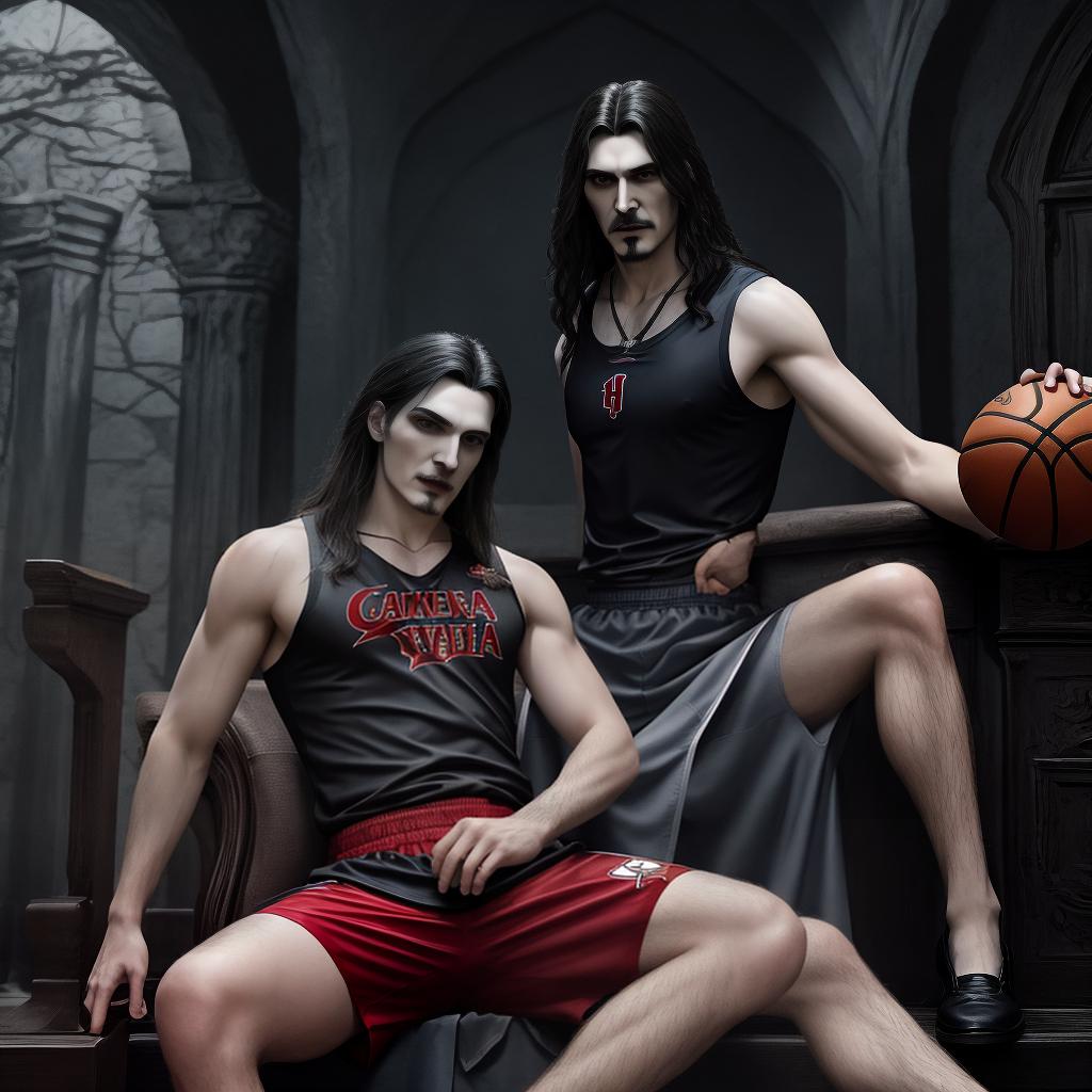  masterpiece, best quality, Vampire Vlad Dracula Țepeș from the series Castlevania, Dressed in a basketball jersey, tank top style top jersey, above knee bottom jersey, the jersey is for the team known as the bats, add bats to the jersey design. Make vampire Vlad Dracula Țepeș a basketball player.