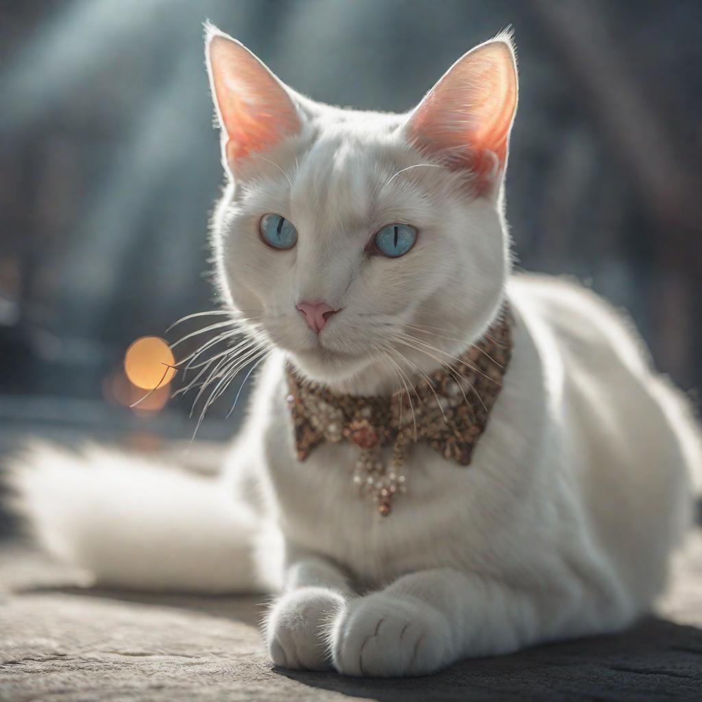  The White Cat hyperrealistic, full body, detailed clothing, highly detailed, cinematic lighting, stunningly beautiful, intricate, sharp focus, f/1. 8, 85mm, (centered image composition), (professionally color graded), ((bright soft diffused light)), volumetric fog, trending on instagram, trending on tumblr, HDR 4K, 8K