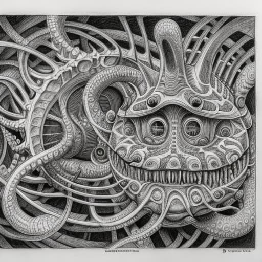  a pencil sketch in the style of jacek yerka and bosch and escher and hr giger, lots of robotic fish and starfish and octopus,stable diffusion