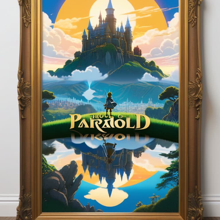  a fantasy movie poster featuring the Liquid of Paradox,illustration,storybook illustration,text,words,written words,cinematic,golden hour,massive scale,lumen reflections,by studio ghibli,breath of the wild,howls moving castle,intricate detail,ultra hd,8k