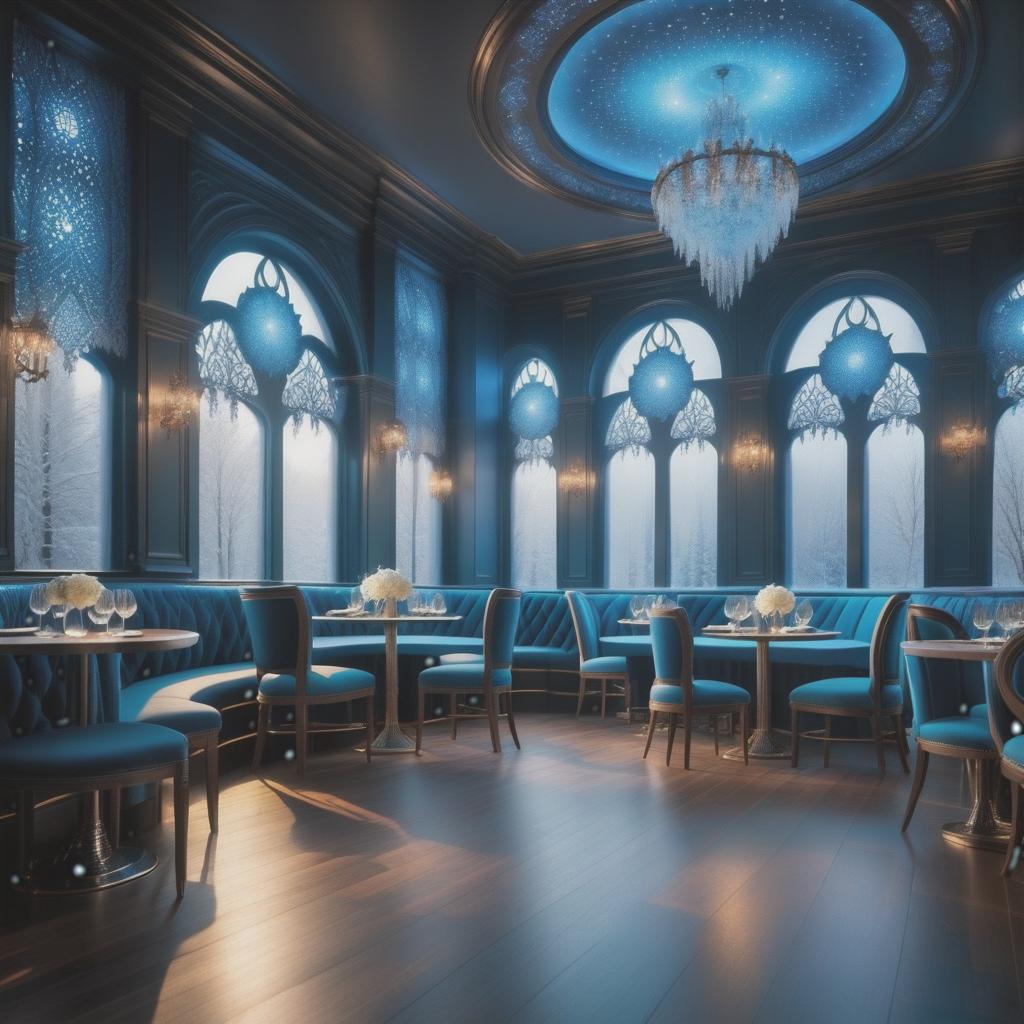  ethereal fantasy concept art of (Cafe interior). (Floor and walls):decorated with snowy intricate patterns of blue, white, silver snowflakes. (Furniture): elegant tables and chairs are forged from ice crystals and sparkle in the starlight. The windows are covered with openwork curtains made of frost. . magnificent, celestial, ethereal, painterly, epic, majestic, magical, fantasy art, cover art, dreamy hyperrealistic, full body, detailed clothing, highly detailed, cinematic lighting, stunningly beautiful, intricate, sharp focus, f/1. 8, 85mm, (centered image composition), (professionally color graded), ((bright soft diffused light)), volumetric fog, trending on instagram, trending on tumblr, HDR 4K, 8K