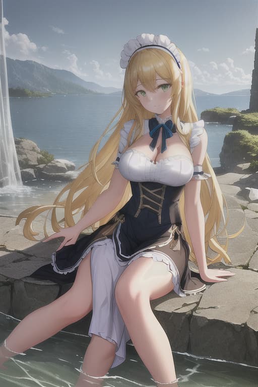  (score 9,score 8 up,score 7 up,),1girl,solo,maid,maid headdress,looking at viewer,outdoor,lake,apron,blonde hair,indoors,green eyes,bare foot,two feet in the water hyperrealistic, full body, detailed clothing, highly detailed, cinematic lighting, stunningly beautiful, intricate, sharp focus, f/1. 8, 85mm, (centered image composition), (professionally color graded), ((bright soft diffused light)), volumetric fog, trending on instagram, trending on tumblr, HDR 4K, 8K