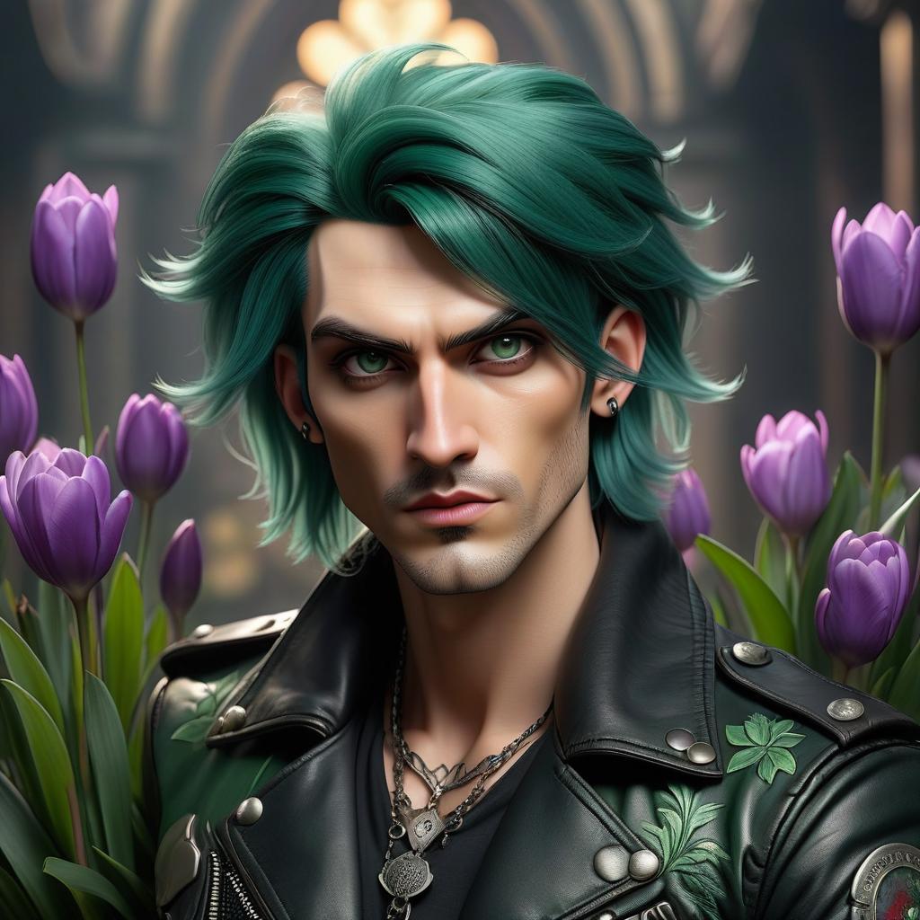  gothic style young man with dark green hair, man rocker in leather jacket, crocuses are blossoming on his chest and left cheek . dark, mysterious, haunting, dramatic, ornate, detailed hyperrealistic, full body, detailed clothing, highly detailed, cinematic lighting, stunningly beautiful, intricate, sharp focus, f/1. 8, 85mm, (centered image composition), (professionally color graded), ((bright soft diffused light)), volumetric fog, trending on instagram, trending on tumblr, HDR 4K, 8K