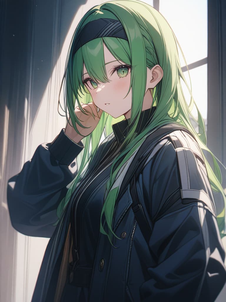  Green hair character with a black headband, masterpiece, best quality,8k,ultra detailed,high resolution,an extremely delicate and beautiful,hyper detail