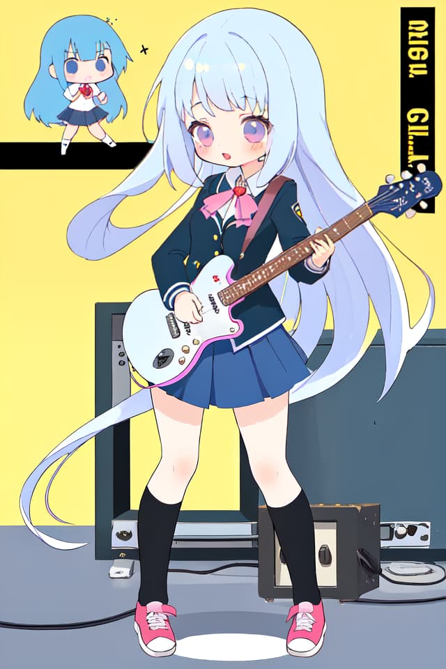  High school girl, mini character, cute, electric guitar, long hair, uniform