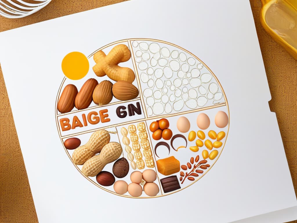  An ultradetailed illustration showcasing a diverse array of common allergens in intricately detailed line art, including peanuts, dairy, eggs, soy, and gluten. The allergens are artistically arranged around a sleek, modern baking whisk, symbolizing the intersection of food, safety, and culinary artistry in the context of allergyconscious baking. The minimalist design highlights the importance of understanding and managing allergens in pastry making while offering a visually striking and informative visual for readers. hyperrealistic, full body, detailed clothing, highly detailed, cinematic lighting, stunningly beautiful, intricate, sharp focus, f/1. 8, 85mm, (centered image composition), (professionally color graded), ((bright soft diffused light)), volumetric fog, trending on instagram, trending on tumblr, HDR 4K, 8K