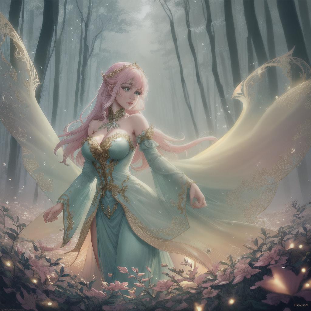  A 'shabby chic' style fantasy artwork showing a pastel coloured forest with a soft glow. Within this forest is a fairy with lovely freckles, dressed in a flowing dress and twirling around in a magical atmosphere. The entire image presents a magical fairytale abstract aesthetic in the ArtStation style.,8K, RAW, best quality, masterpiece, ultra high res, colorful, (medium wide shot), (dynamic perspective), sharp focus , (depth of field, bokeh:1.3), ((masterpiece, best quality)) hyperrealistic, full body, detailed clothing, highly detailed, cinematic lighting, stunningly beautiful, intricate, sharp focus, f/1. 8, 85mm, (centered image composition), (professionally color graded), ((bright soft diffused light)), volumetric fog, trending on instagram, trending on tumblr, HDR 4K, 8K