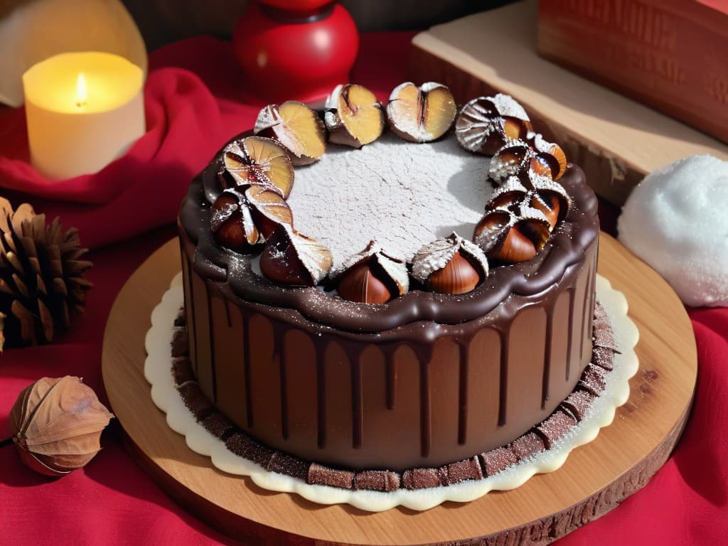  A closeup, photorealistic image of a decadent chestnut and chocolate cake beautifully decorated with roasted chestnuts and delicate chocolate shavings on top. The cake sits on a rustic wooden table, surrounded by scattered whole chestnuts, cinnamon sticks, and a dusting of powdered sugar, exuding a warm and inviting winter ambiance. The rich chocolate glaze glistens under a soft, ambient light, showcasing the intricate details of the dessert and making the viewer crave a slice of this exclusive chestnut dessert. hyperrealistic, full body, detailed clothing, highly detailed, cinematic lighting, stunningly beautiful, intricate, sharp focus, f/1. 8, 85mm, (centered image composition), (professionally color graded), ((bright soft diffused light)), volumetric fog, trending on instagram, trending on tumblr, HDR 4K, 8K