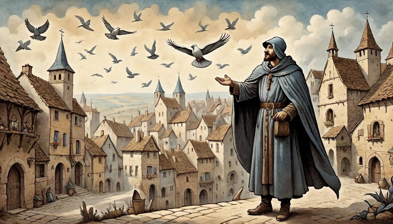  on parchment, surrealism+++, A lone traveler in a cloak of feathers, extending hands that release doves into the sky above a bustling medieval village. Traveler mysterious, doves pure and ascending, village lively, symbolizing liberation, aid.(mysterious, provocative, symbolic,muted color)+++