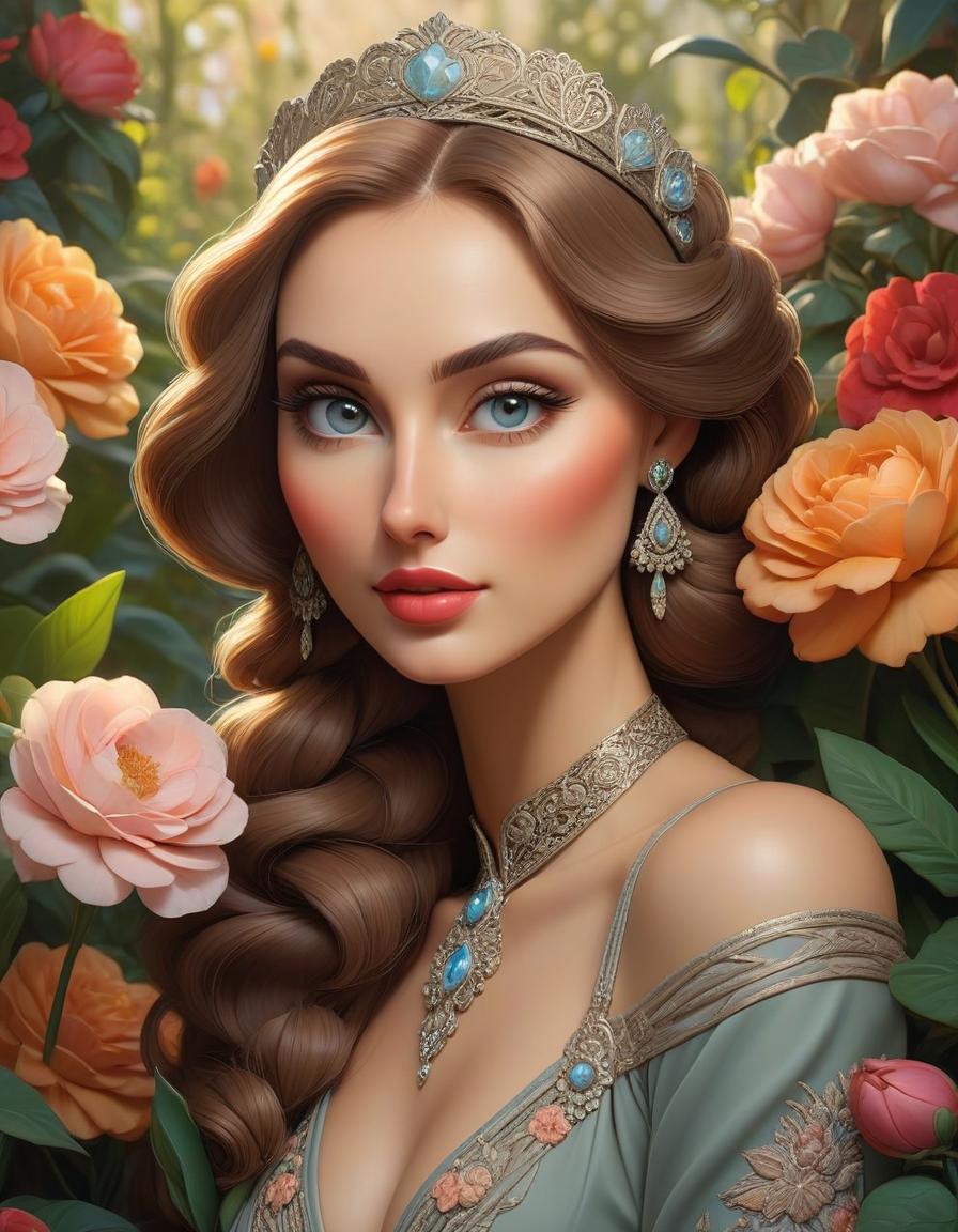  Art Deco style Russia. Oil and canvas Russian beauty with a bouquet of flowers, in a garden in the style of Janet Kruskamp, focus on the eyes, long lashes, gentle smile. filigree, boho, vintage, drawing, cosy, aesthetic, digital painting, wax painting, pixel graphics, subdued lighting, professional photo, high resolution, high detail . geometric shapes, bold colors, luxurious, elegant, decorative, symmetrical, ornate, detailed hyperrealistic, full body, detailed clothing, highly detailed, cinematic lighting, stunningly beautiful, intricate, sharp focus, f/1. 8, 85mm, (centered image composition), (professionally color graded), ((bright soft diffused light)), volumetric fog, trending on instagram, trending on tumblr, HDR 4K, 8K