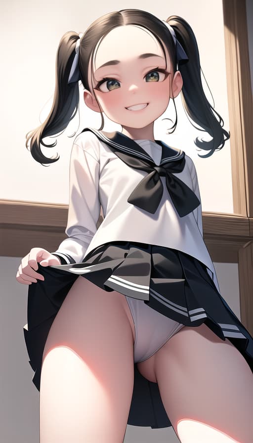  masterpiece.ultra ultra chibi ultra low year ,big twisted slanted eyes flatup nose very face,cheeky smile grin,wide forehead,black twintail hair,ultra short torso ultra ribbed flat, ,uncensored ,real anatomy,small ,thinlegs,sailor suit. liftup,panteis up,((white loose panteis)), stains, ultra short ultra small , High quality, high resolution, 16K,very face, (Masterpiece, BestQuality:1.3), (ultra detailed:1.2), (hyperrealistic:1.3), (RAW photo:1.2),High detail RAW color photo, professional photograph, (Photorealistic:1.4), (realistic:1.4), ,professional lighting, (japanese), beautiful face, (realistic face)