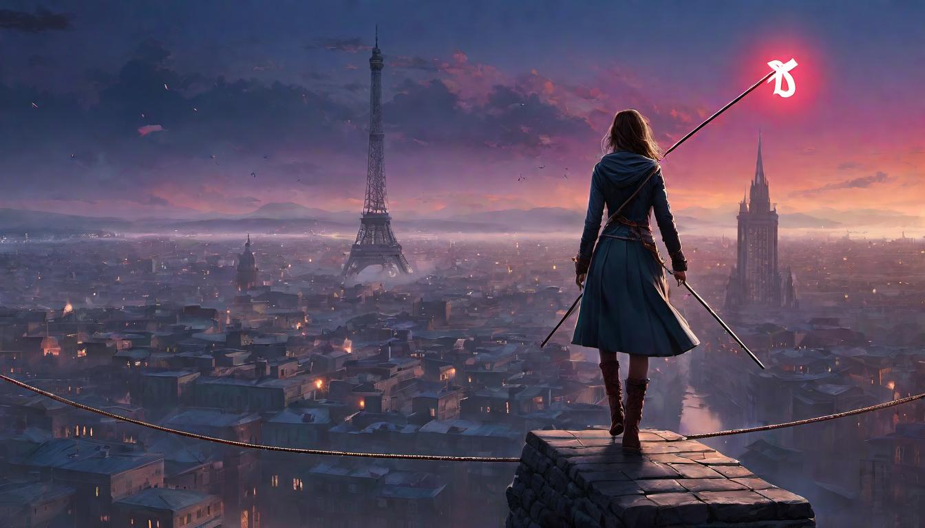  digital illustration, 1woman, walking a tightrope high above a cityscape, balanced yet focused, carrying a balancing pole with symbols of mind and heart on each end, twilight hues, concept of equilibrium, looking at viewer, dynamic pose, (intricate details, masterpiece, best quality)