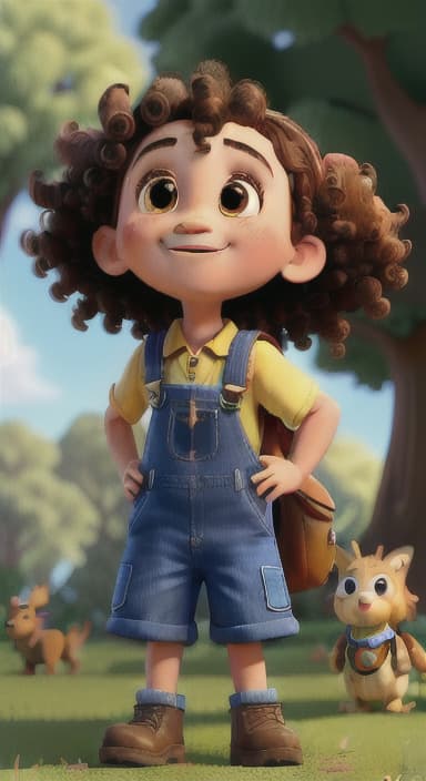  {Riley looking up at the tree with a big smile, animals surrounding them., Riley, a curious with big brown eyes and curly hair, wearing overalls and carrying a small backpack. Their friend, Skye, a bluebird with shiny feathers.