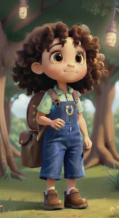  {The tree shining brightly and releasing a gentle, magical light., Riley, a curious with big brown eyes and curly hair, wearing overalls and carrying a small backpack. Their friend, Skye, a bluebird with shiny feathers.