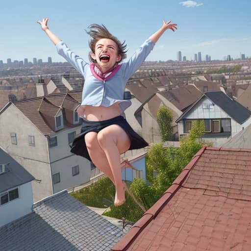  The girl is jumping over the roofs of houses, laughing