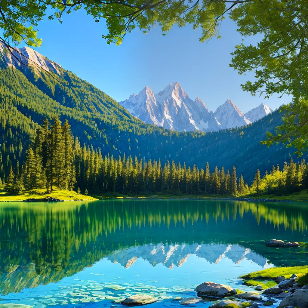  as a painting, Convey the serene majesty of towering mountains reflected in the crystal-clear waters of a tranquil alpine lake, using your unique artistic vision to evoke a sense of awe and tranquility.