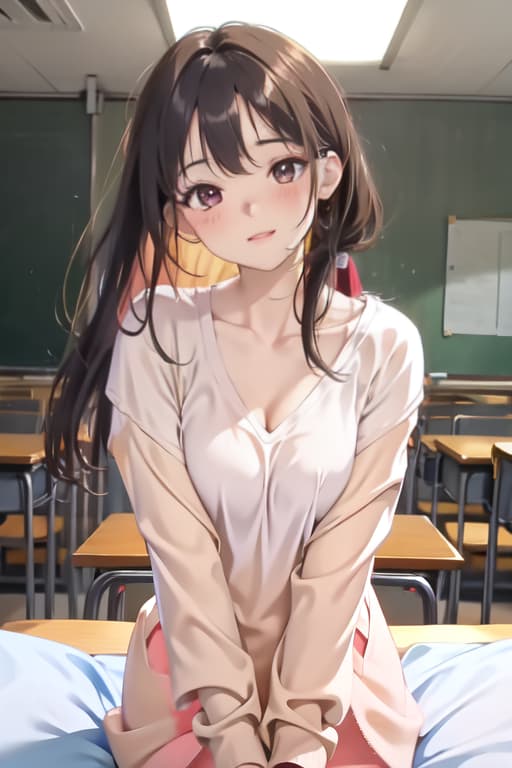  Masterpiece,1girl, parted lips, blush, makeup, light smile, uniform, classroom, light rays, glow,, collarbone, narrow waist, (masterpiece), wallpaper, sheer shirt, uncensored and hips, full body