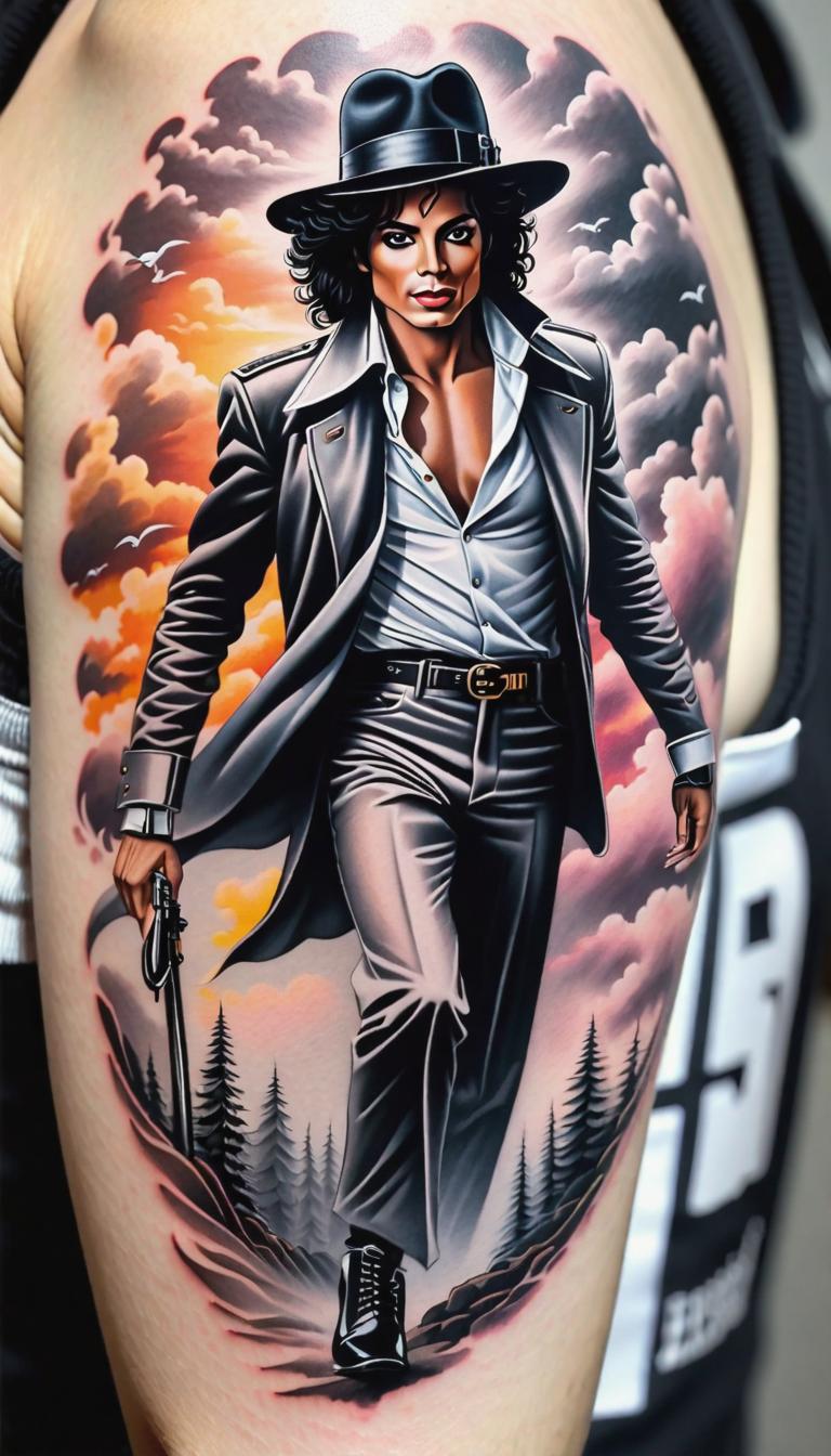  Minimalist tattoo style depiction of Michael jackson, using simple and powerful black or grey lines on a light, solid color background. hyperrealistic, full body, detailed clothing, highly detailed, cinematic lighting, stunningly beautiful, intricate, sharp focus, f/1. 8, 85mm, (centered image composition), (professionally color graded), ((bright soft diffused light)), volumetric fog, trending on instagram, trending on tumblr, HDR 4K, 8K