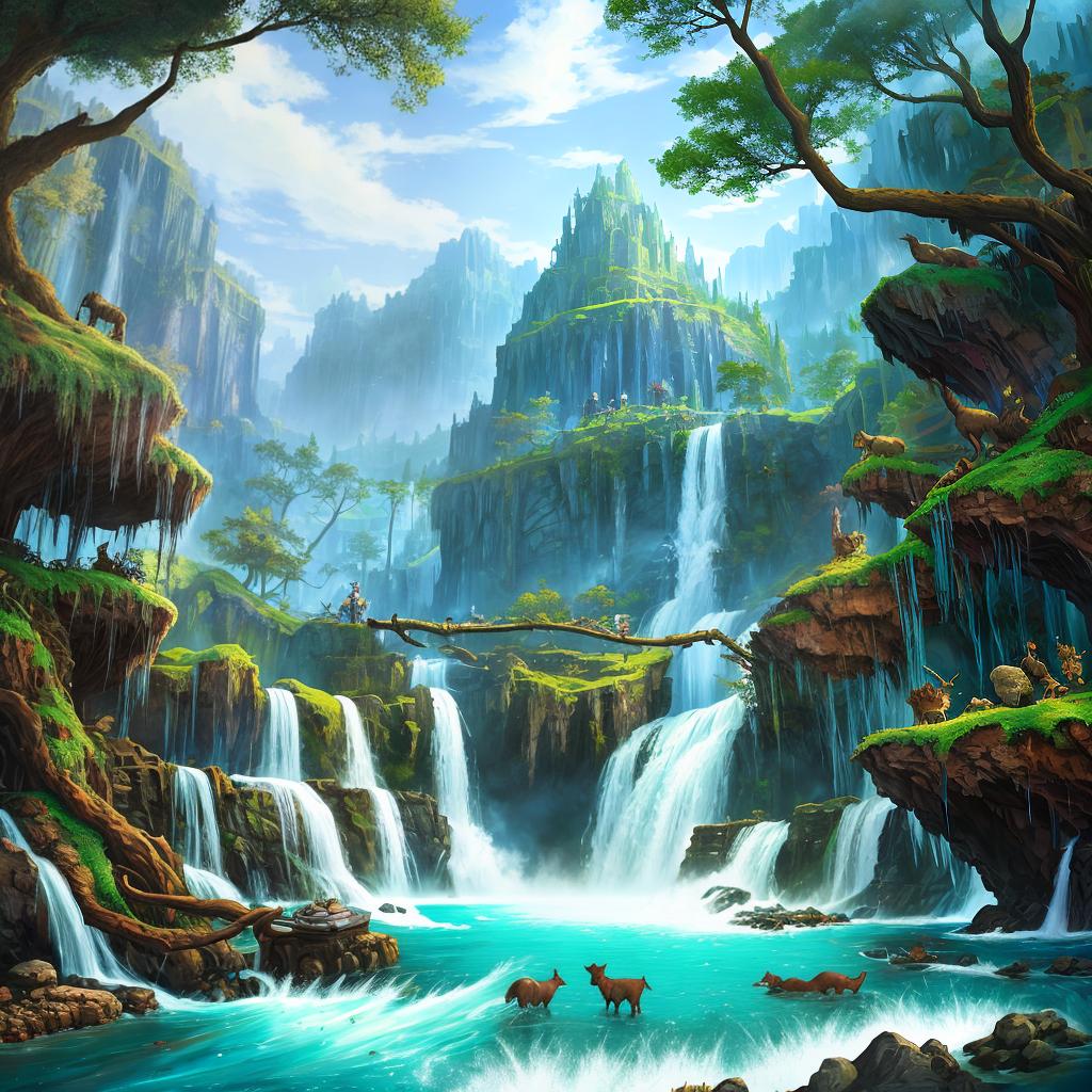  in a fantasy setting, Paint a surreal landscape where mythical beasts roam amidst cascading waterfalls.