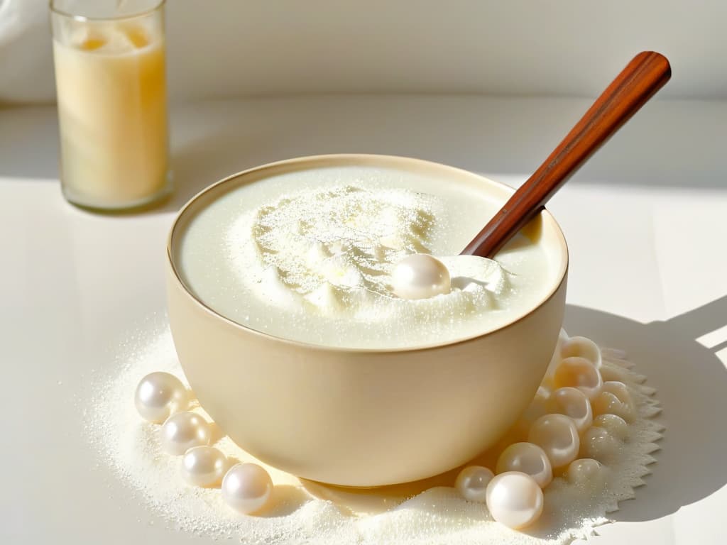  A serene and minimalist image of a small wooden spoon gently scooping up translucent pearls of tapioca from a clear glass bowl filled with creamy coconut milk, with a soft, dappled light filtering through in the background, creating a tranquil and inviting scene that evokes the essence of creating authentic Asian desserts at home. hyperrealistic, full body, detailed clothing, highly detailed, cinematic lighting, stunningly beautiful, intricate, sharp focus, f/1. 8, 85mm, (centered image composition), (professionally color graded), ((bright soft diffused light)), volumetric fog, trending on instagram, trending on tumblr, HDR 4K, 8K