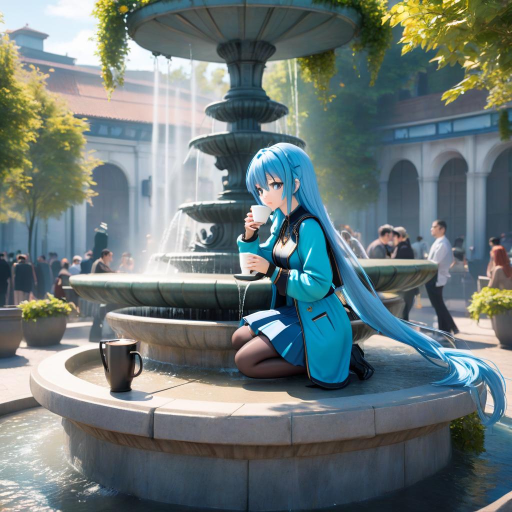  anime artwork A girl with blue hair is drinking coffee by a fountain. . anime style, key visual, vibrant, studio anime, highly detailed hyperrealistic, full body, detailed clothing, highly detailed, cinematic lighting, stunningly beautiful, intricate, sharp focus, f/1. 8, 85mm, (centered image composition), (professionally color graded), ((bright soft diffused light)), volumetric fog, trending on instagram, trending on tumblr, HDR 4K, 8K