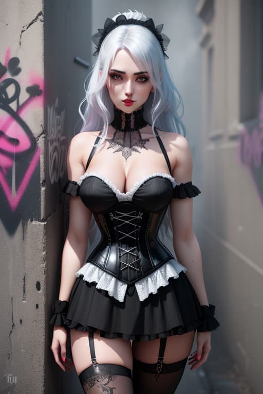  Beautiful gothic woman wearing corset and short tutu standing in front of a wall with graffiti, pantyhose, leggy, realistic, arms at her side hyperrealistic, full body, detailed clothing, highly detailed, cinematic lighting, stunningly beautiful, intricate, sharp focus, f/1. 8, 85mm, (centered image composition), (professionally color graded), ((bright soft diffused light)), volumetric fog, trending on instagram, trending on tumblr, HDR 4K, 8K