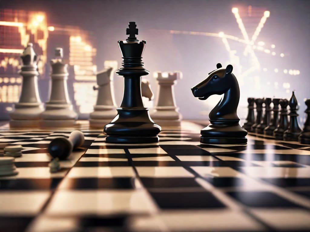  A bull and bear chess game, symbolizing the stock market, with chess pieces scattered around, and a graph with upward and downward trends in the background. digital art, ilustration, no flares, clean hyperrealistic, full body, detailed clothing, highly detailed, cinematic lighting, stunningly beautiful, intricate, sharp focus, f/1. 8, 85mm, (centered image composition), (professionally color graded), ((bright soft diffused light)), volumetric fog, trending on instagram, trending on tumblr, HDR 4K, 8K