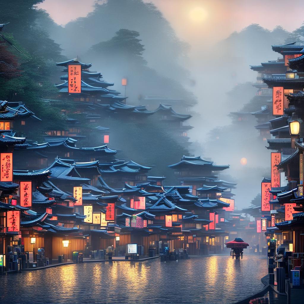  A high detailed and ultra-detailed masterpiece created by the extraordinary Stable Diffusion AI, inspired by the traditional 浮世绘 (ukiyo-e) style. The scene portrays a bustling street in ancient Japan, with ((geishas)) elegantly walking by, colorful lanterns illuminating the path, and a traditional wooden ((torii gate)) at the entrance. The artist skillfully captures the intricate details of the architecture, costumes, and expressions of the characters. The artwork is in 8k resolution, allowing viewers to appreciate every minute element. hyperrealistic, full body, detailed clothing, highly detailed, cinematic lighting, stunningly beautiful, intricate, sharp focus, f/1. 8, 85mm, (centered image composition), (professionally color graded), ((bright soft diffused light)), volumetric fog, trending on instagram, trending on tumblr, HDR 4K, 8K