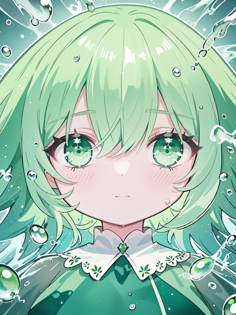  Green hair character in a large droplet drip, green hair in "water drops", masterpiece, best quality,8k,ultra detailed,high resolution,an extremely delicate and beautiful,hyper detail