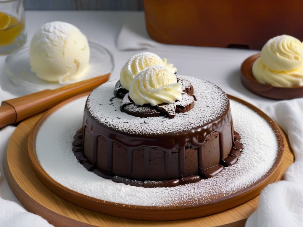  A closeup, ultradetailed image of a decadent chocolate lava cake dusted with powdered sugar, served on a rustic plate with a scoop of vanilla ice cream melting beside it. The warm, gooey center oozes out invitingly, showcasing the rich, indulgent texture of the dessert. The soft lighting highlights the glossy sheen of the cake's exterior, while the contrasting textures of the cake, sugar, and ice cream create a visually striking composition that evokes warmth and comfort, perfect for a winter dessert feature. hyperrealistic, full body, detailed clothing, highly detailed, cinematic lighting, stunningly beautiful, intricate, sharp focus, f/1. 8, 85mm, (centered image composition), (professionally color graded), ((bright soft diffused light)), volumetric fog, trending on instagram, trending on tumblr, HDR 4K, 8K