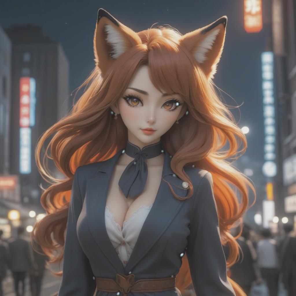  A full grown fox girl in a big city under the moonlight in anime art style hyperrealistic, full body, detailed clothing, highly detailed, cinematic lighting, stunningly beautiful, intricate, sharp focus, f/1. 8, 85mm, (centered image composition), (professionally color graded), ((bright soft diffused light)), volumetric fog, trending on instagram, trending on tumblr, HDR 4K, 8K