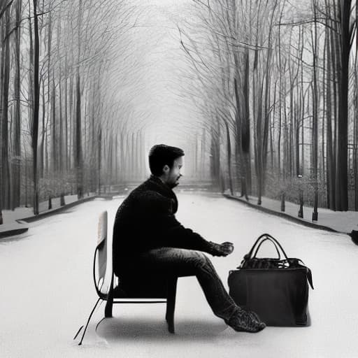 dublex style hd, b&w, drawing, sitting and thinking man on a chair, a cozy room background, wearing glasses, nature inside the man