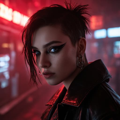  ultra realistic close up portrait ((beautiful pale cyberpunk female with heavy black eyeliner)), blue eyes, shaved side haircut, hyper detail, cinematic lighting, magic neon, dark red city, canon eos r3, nikon, f/1.4, iso 200, 1/160s, 8k, raw, unedited, symmetrical balance, in frame, 8k hyperrealistic, full body, detailed clothing, highly detailed, cinematic lighting, stunningly beautiful, intricate, sharp focus, f/1. 8, 85mm, (centered image composition), (professionally color graded), ((bright soft diffused light)), volumetric fog, trending on instagram, trending on tumblr, HDR 4K, 8K