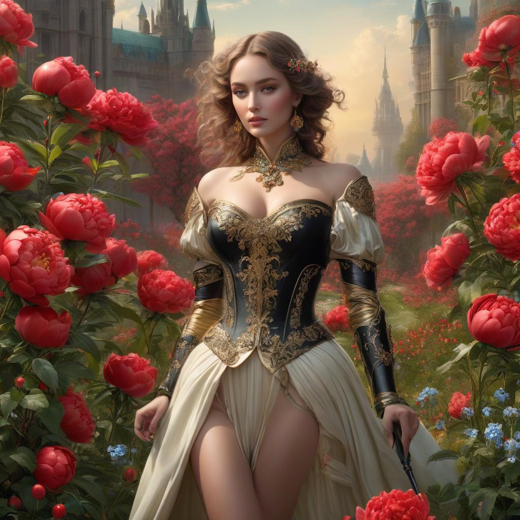  A girl in armor. A black sword with gold details. Fire. The rigor of the lines. Power. The sword gives off electric shocks. Highly detailed, highly detailed, highly detailed image and all details. ((Sparkling rim)): spring field, hyacinths, roses, rosehips, rose hips, peonies, cherry tree, yellow, red, black flowers, forget me nots. Nature in the background, spring, delight. Luxury, richness. High quality. Swarovski, pandora. The Emerald Palace, the towers. Holobue sky. Golden spires, Gothic style. Fantasy, fairy tale. Poppy field in front of palace. Emerald stones, Green Alley.Luxury, wealth. spring field, hyacinths, roses, rosehips, rose hips, peonies, cherry tree, yellow, red, black flowers, forget me nots. Honoré Fargonard, Alfonso M hyperrealistic, full body, detailed clothing, highly detailed, cinematic lighting, stunningly beautiful, intricate, sharp focus, f/1. 8, 85mm, (centered image composition), (professionally color graded), ((bright soft diffused light)), volumetric fog, trending on instagram, trending on tumblr, HDR 4K, 8K