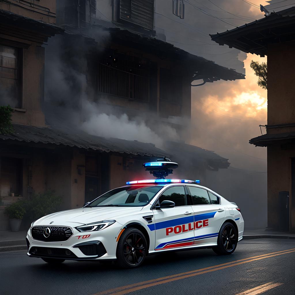  A police car with bullet holes in it hyperrealistic, full body, detailed clothing, highly detailed, cinematic lighting, stunningly beautiful, intricate, sharp focus, f/1. 8, 85mm, (centered image composition), (professionally color graded), ((bright soft diffused light)), volumetric fog, trending on instagram, trending on tumblr, HDR 4K, 8K