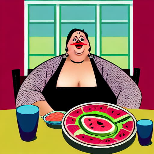  Create a prompt of an image of a fat woman sitting at a table in the kitchen, with her face painted like a clown looking at a plate of watermelon on a table