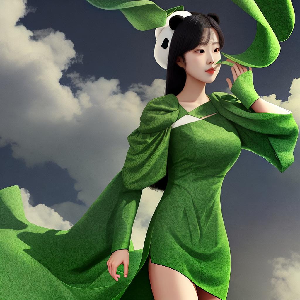  masterpiece, best quality, a female model wearing a green yarn A-shaped dress with panda and bamboo leaf patterns at the bottom of the dress, shoulder wearing the same color cloud shoulder, panoramic view