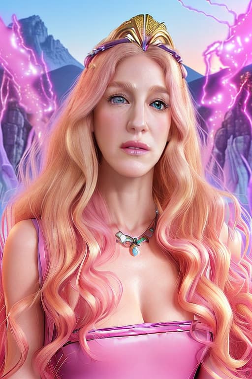  Sarah Jessica Parker as Hera, Tall, slender, hot pink skin, magenta lips, wavy golden blonde hair, magenta eyelids, blue eyes, pink aura, Greek Diadem crown and Greek goddess, Mount Olympus, Hera has long blond hair, pinkish skin, and a narrow face. Disney