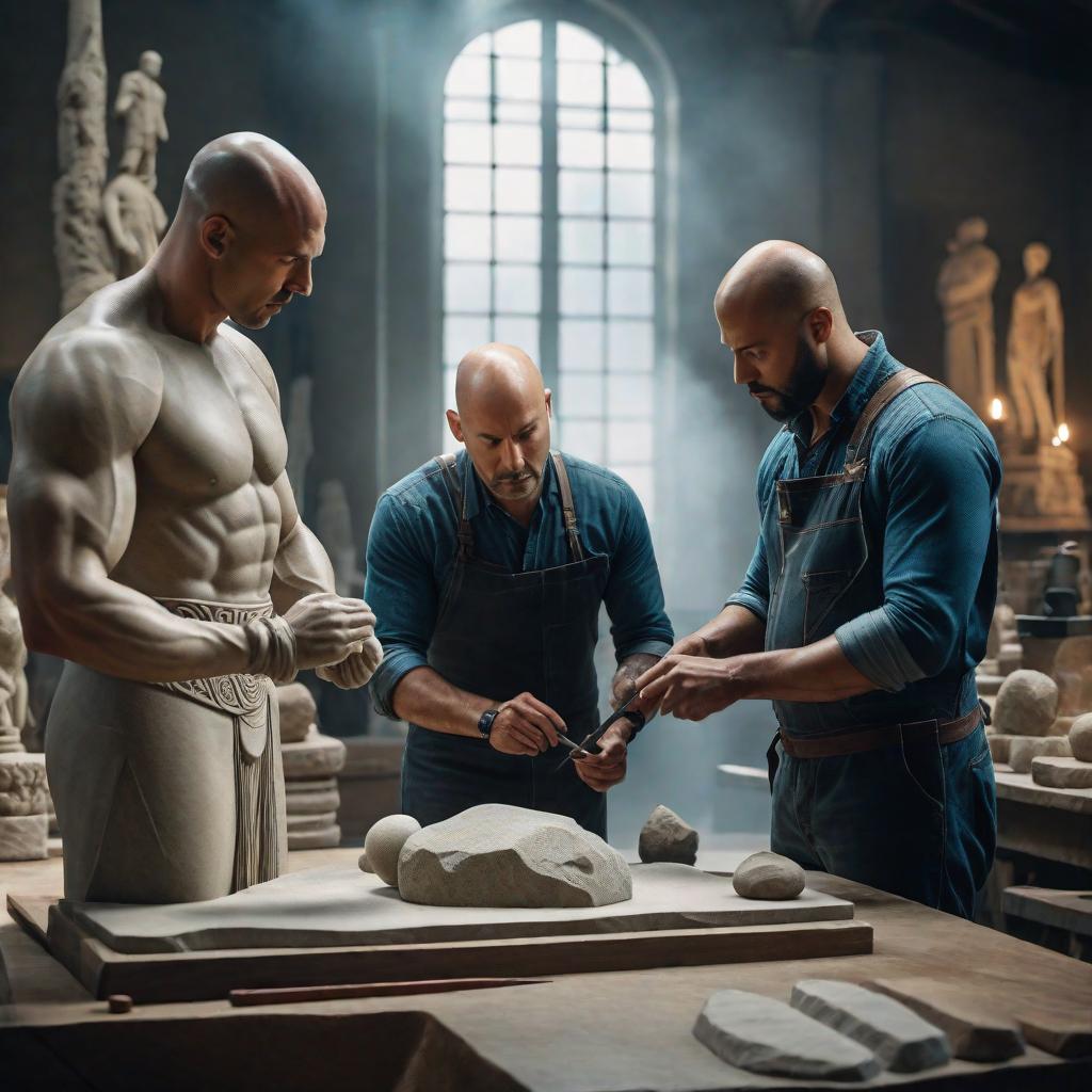  A bald sculptor teaching his assistant about stone carving hyperrealistic, full body, detailed clothing, highly detailed, cinematic lighting, stunningly beautiful, intricate, sharp focus, f/1. 8, 85mm, (centered image composition), (professionally color graded), ((bright soft diffused light)), volumetric fog, trending on instagram, trending on tumblr, HDR 4K, 8K