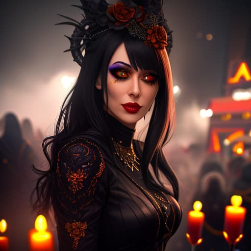  Halloween festival, scene in dark tones hyperrealistic, full body, detailed clothing, highly detailed, cinematic lighting, stunningly beautiful, intricate, sharp focus, f/1. 8, 85mm, (centered image composition), (professionally color graded), ((bright soft diffused light)), volumetric fog, trending on instagram, trending on tumblr, HDR 4K, 8K