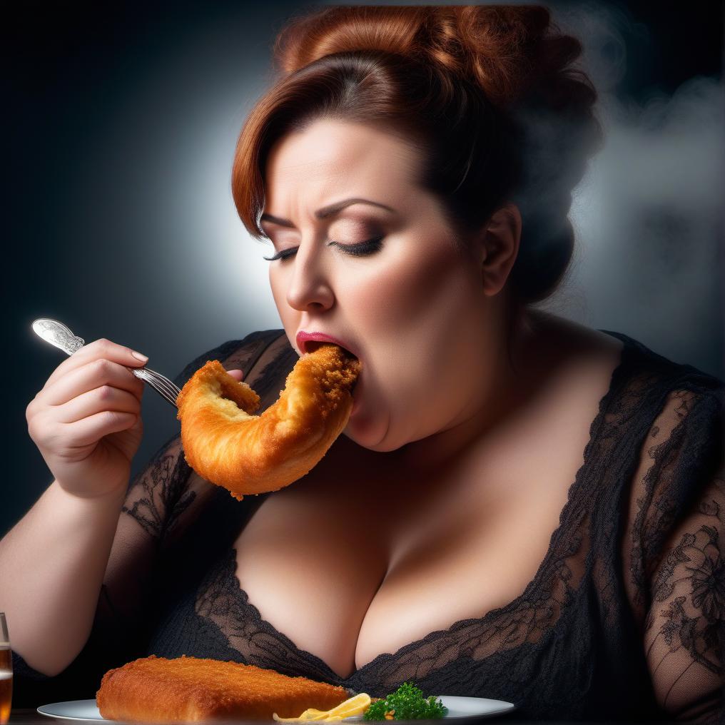  obese austrian woman devouring a huge wiener schnitzel hyperrealistic, full body, detailed clothing, highly detailed, cinematic lighting, stunningly beautiful, intricate, sharp focus, f/1. 8, 85mm, (centered image composition), (professionally color graded), ((bright soft diffused light)), volumetric fog, trending on instagram, trending on tumblr, HDR 4K, 8K
