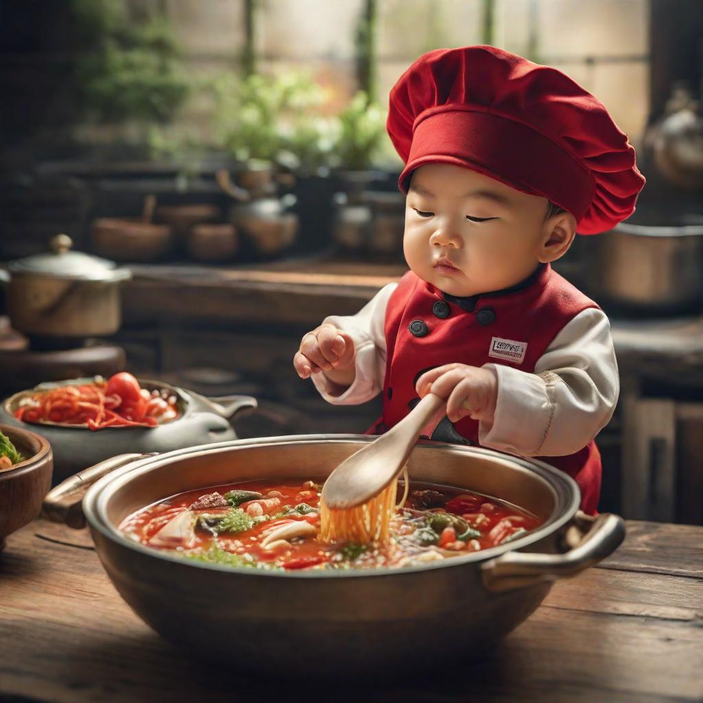  day dreaming japanese baby chef in red cap and unform stirling a pot of soup hyperrealistic, full body, detailed clothing, highly detailed, cinematic lighting, stunningly beautiful, intricate, sharp focus, f/1. 8, 85mm, (centered image composition), (professionally color graded), ((bright soft diffused light)), volumetric fog, trending on instagram, trending on tumblr, HDR 4K, 8K