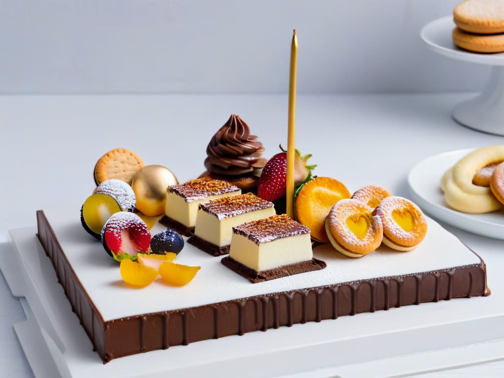  A highresolution, ultradetailed image of a modern, minimalistic dessert platter featuring elegantly plated traditional desserts with a gourmet twist. The picture showcases a beautifully arranged selection of desserts like tiramisu, crème brûlée, and macarons, presented on sleek, white porcelain dishes against a soft, neutral background. Each dessert is meticulously garnished with delicate edible flowers, gold leaf accents, and intricate chocolate drizzles, creating a visually stunning and appetizing composition that embodies the fusion of traditional and gourmet elements. hyperrealistic, full body, detailed clothing, highly detailed, cinematic lighting, stunningly beautiful, intricate, sharp focus, f/1. 8, 85mm, (centered image composition), (professionally color graded), ((bright soft diffused light)), volumetric fog, trending on instagram, trending on tumblr, HDR 4K, 8K