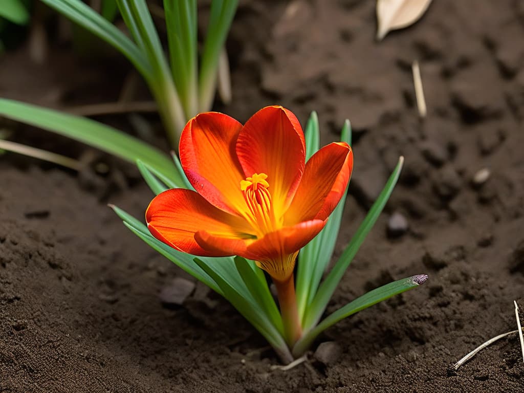  An ultradetailed image of a single vibrant red saffron crocus flower in full bloom, showcasing delicate bright orange stigmas protruding from the center against a softfocused background of green leaves and earthy soil. The intricate details of the flower's petals, the vivid hues of the stigma, and the fine textures of the surrounding elements are captured with precision, highlighting the beauty and elegance of this prized ingredient. hyperrealistic, full body, detailed clothing, highly detailed, cinematic lighting, stunningly beautiful, intricate, sharp focus, f/1. 8, 85mm, (centered image composition), (professionally color graded), ((bright soft diffused light)), volumetric fog, trending on instagram, trending on tumblr, HDR 4K, 8K