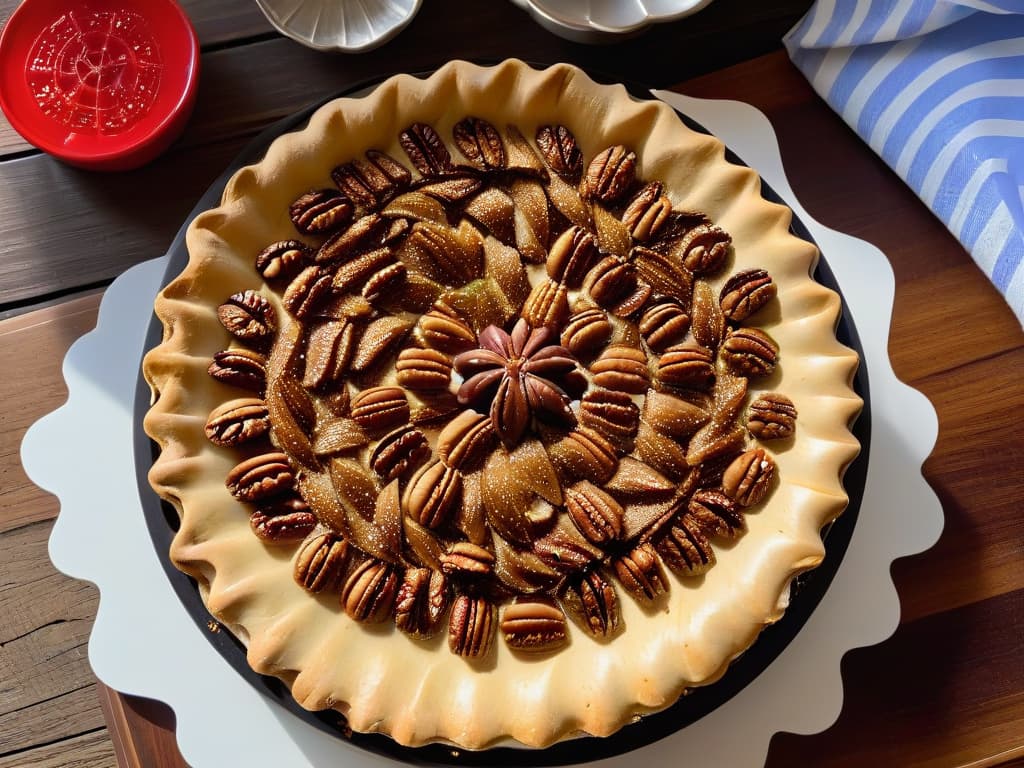  A closeup, ultradetailed image of a goldenbrown pecan pie just out of the oven, with a perfectly flaky crust and a glistening, caramelized pecan topping. The pie is displayed on a rustic wooden table, surrounded by scattered whole pecans and a drizzle of warm caramel sauce, evoking a sense of warmth and comfort. hyperrealistic, full body, detailed clothing, highly detailed, cinematic lighting, stunningly beautiful, intricate, sharp focus, f/1. 8, 85mm, (centered image composition), (professionally color graded), ((bright soft diffused light)), volumetric fog, trending on instagram, trending on tumblr, HDR 4K, 8K