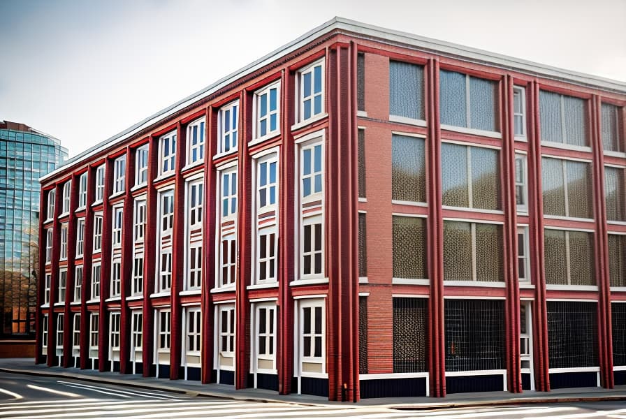  a red brick building, modern and elegant, contemporary, in a busy street of London, The image is captured with an 8k camera and edited using the latest digital tools to produce a flawless final result.,ADVERTISING PHOTO,high quality,good proportion,masterpiece 