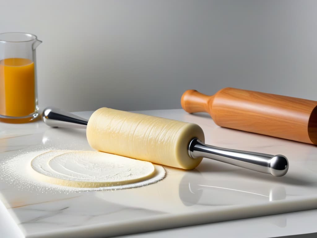  An ultradetailed image of a sleek, modern kitchen countertop showcasing a beautifully crafted marble rolling pin and a polished stainless steel rolling pin side by side. The marble rolling pin reflects soft, ambient light, highlighting its natural patterns and cool elegance, while the stainless steel rolling pin gleams with a mirrorlike finish, exuding a sense of precision and durability. The background is blurred to keep the focus on the contrasting textures and materials of the two rolling pins, creating a visually striking and minimalist composition. hyperrealistic, full body, detailed clothing, highly detailed, cinematic lighting, stunningly beautiful, intricate, sharp focus, f/1. 8, 85mm, (centered image composition), (professionally color graded), ((bright soft diffused light)), volumetric fog, trending on instagram, trending on tumblr, HDR 4K, 8K