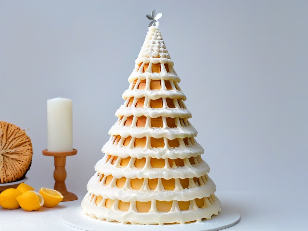  An ultradetailed image of a perfectly layered Kransekake, a traditional Norwegian cake resembling a stacked tree made of iced rings, decorated with delicate white icing drizzles and silver edible beads, set against a stark white background to emphasize its intricate design and professional presentation. hyperrealistic, full body, detailed clothing, highly detailed, cinematic lighting, stunningly beautiful, intricate, sharp focus, f/1. 8, 85mm, (centered image composition), (professionally color graded), ((bright soft diffused light)), volumetric fog, trending on instagram, trending on tumblr, HDR 4K, 8K